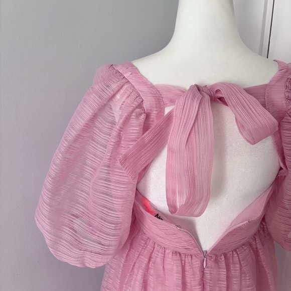 BHLDN x Free People Alaine Dress Mini Puff Sleeve Bow Back Square Neck Pink - Picture 6 of 7